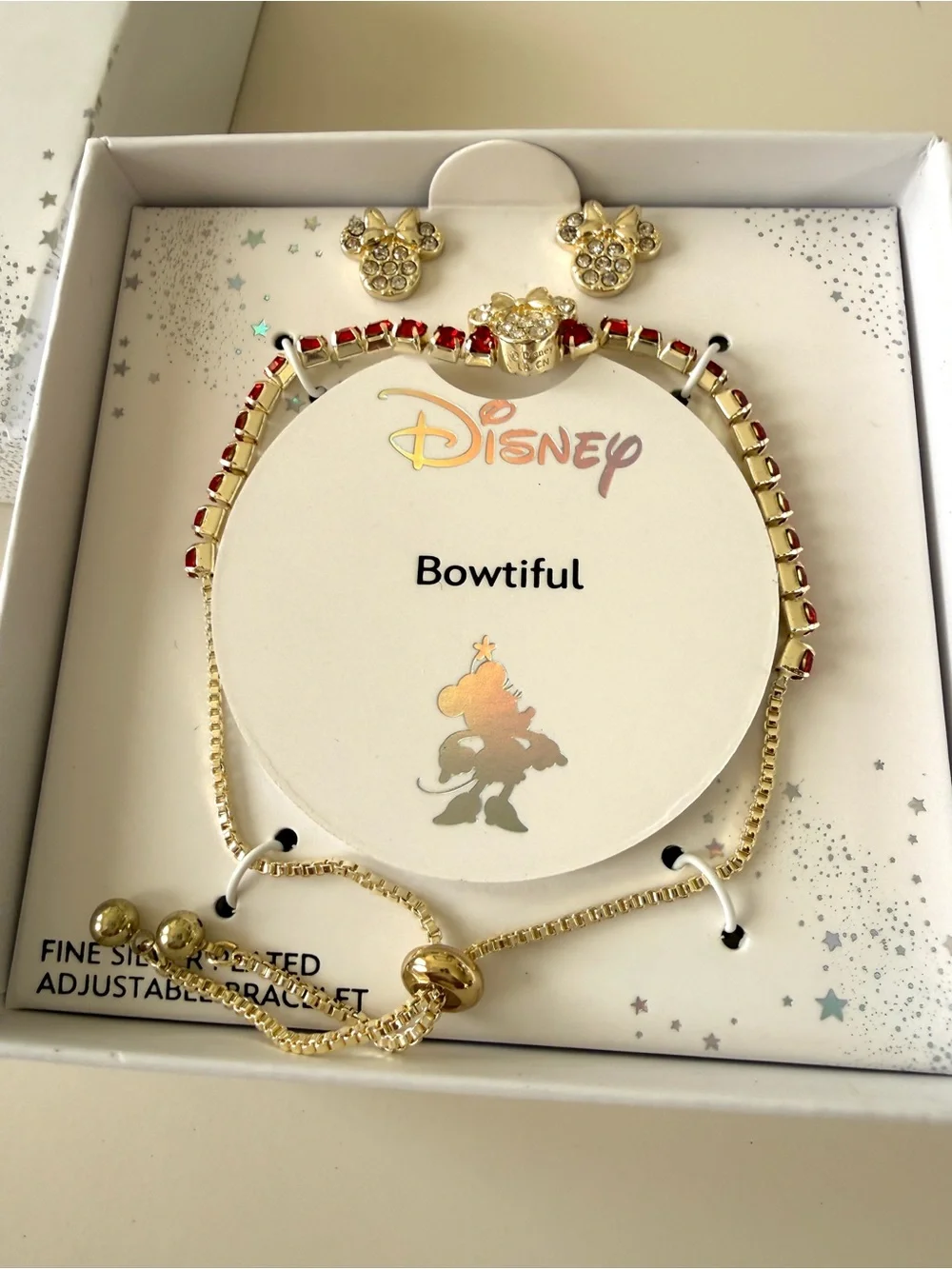 Disney fine silver plated adjustable bracelet Red Crystal accents & Stud Earring